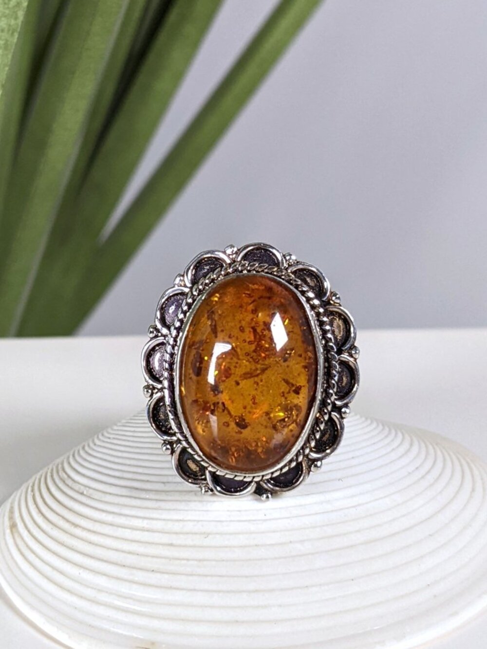 Sterling Silver 925 Large Genuine Amber Ring Size 7 1/2 NWOT